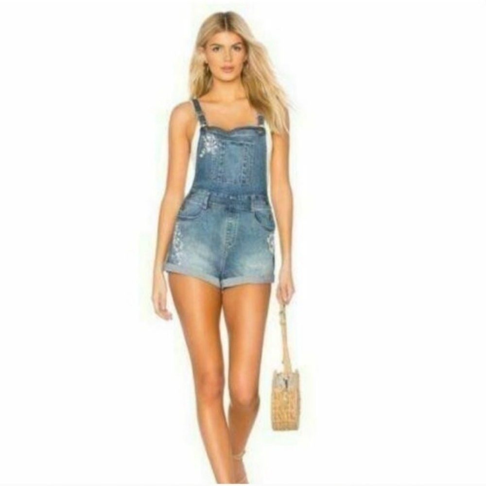 BB Dakota Soren Embroidered Denim Shorts Overalls